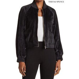 THEO & SPENCE WOMEN NWT FULL ZIP TEXTURED VELOUR BLACK BOMBER JACKET. SIZE M